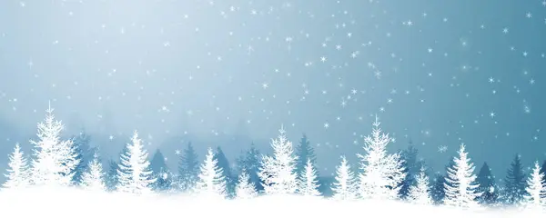 Χιονισμένες Χειμερινές Διακοπές Χριστουγεννιάτικο Πανό Λευκά Δέντρα Και Νιφάδες Χιονιού Εικόνα Αρχείου