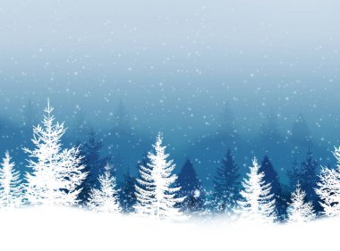 Kış mavi sisli ormanlık arka planda ağaçlar ve kar var. Noel tatili geçmişi