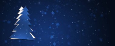 tatil sihirli kış ağaçları. Mavi Noel ve yeni yıl afişi Ağaç ve kar tanelerini kesti