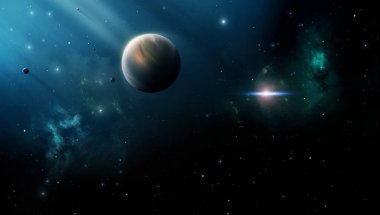 Yıldız alanları ve evrenin toz ve gazındaki hayali derin uzay gezegenlerinin çizimi