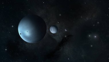 Derin uzay çizimi. Hayali yıldız, gezegenler ve ışıklarla bezenmiş.