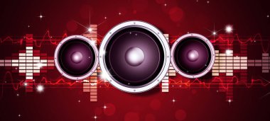 Gürültülü ve saldırgan müzik hoparlörleri. Parti etkinlikleri ve kulüp posterleri için parlak müzik afişi