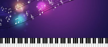 Müzik notaları ve parlak müzik ışıkları olan klasik müzik piyano afişi.