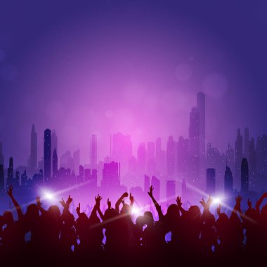 Neon disko ve retro müzik şehri parti arka planı 