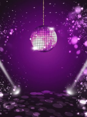 Koyu neon arka planda müzik yuvarlak disko topu. Bulanık ışıkları olan parlak müzik posteri