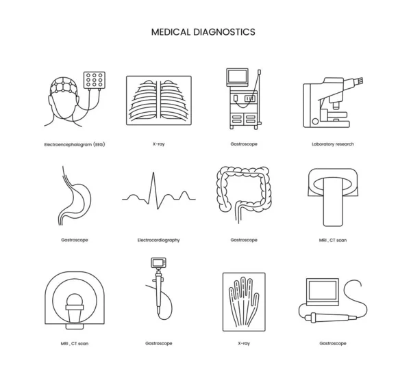 Medische Diagnostiek Set Van Lijn Pictogrammen Vector Illustratie Gastroscoop Mri — Stockvector