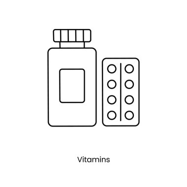 Vektör içinde vitamin çizgisi simgesi olan ambalaj, kavanoz çizimi ve hap tabağı