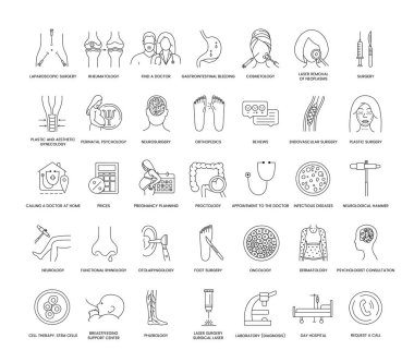 Types of medical services in the hospital set of line icons in vector, illustration rheumatology and laparoscopic surgery, find a doctor and gastrointestinal bleeding, cosmetology and neurosurgery
