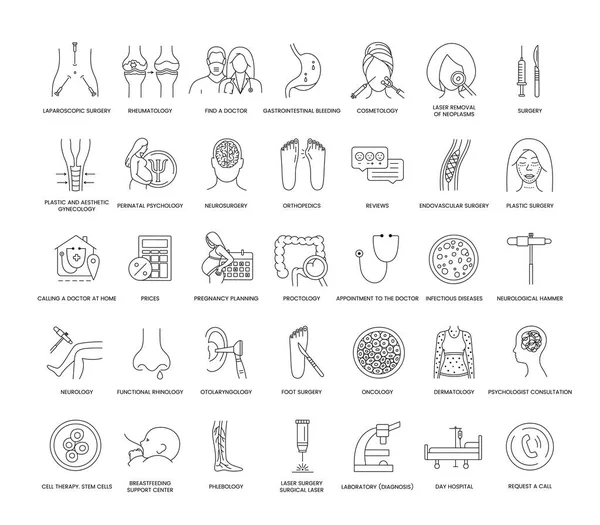 Types of medical services in the hospital set of line icons in vector, illustration rheumatology and laparoscopic surgery, find a doctor and gastrointestinal bleeding, cosmetology and neurosurgery