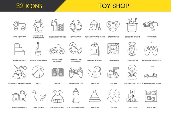 stock vector Set of kids toys line icons in vector, cars and equipment, robots and transformers, childrens cosmetics and quadcopters, for sandbox and beach, for outdoor activities, constructors and toy weapon.