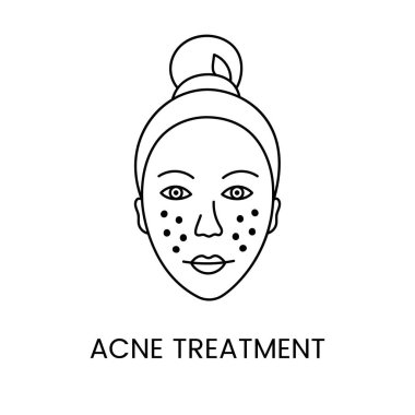 Lazer kozmetolojili deri aknesi tedavisi, vektör kadın yüzünde sivilceli çizgi simgesi.