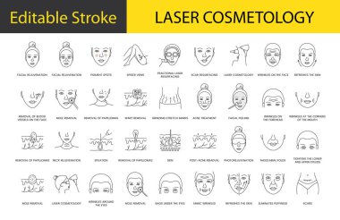 Vektör içinde lazer kozmetoloji çizgisi ikonu, yüz yenileme ve pigment noktalarının çizimi, örümcek damarları ve yara yüzeyi, sivilce tedavisi ve yüz ve cilt kırışıklıkları. düzenlenebilir vuruş