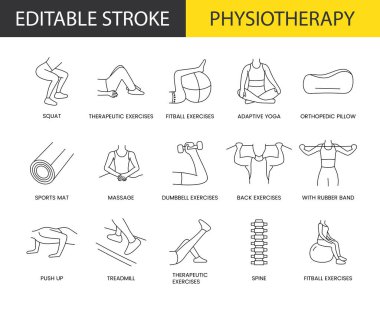 Fizyoterapi çizgisi ikonu vektör, çömelme ve terapi egzersizleri, adaptif yoga ve fitball, ortopedik yastık. Düzenlenebilir vuruş, darbenin genişliğini ve rengini değiştirebilirsiniz