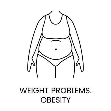Obezite ikonu çizgisi vektörü, büyük göbekli bir kadının aşırı yemekten ve doğru beslenmemekten dolayı aşırı kilolu olduğunu gösteren bir tasviri..