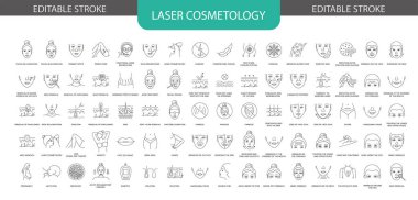 Lazer kozmetoloji çizgisi ikonu vektör olarak ayarlandı, ezilme izlerinin çizimi, kısmi lazer yeniden yüzey, yüz yenileme ve cilt yenilenmesi, yüzdeki kırışıklıklar. düzenlenebilir vuruş