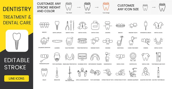 stock vector Dentistry treatment and care of teeth, line icons set in vector, illustration of anesthesia endodontics and teeth, whitening and orthodontic, trainers and scanning, teeth and caries. Editable stroke