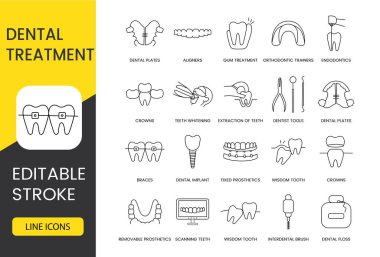 Diş hekimliğindeki dişlerin tedavisi ve bakımı, vektördeki çizgi ikonu, ortodontik eğitmenlerin ve endodontiklerin çizimi, taçlar ve diş beyazlatma, çıkartma ve dişçi aletleri. Düzenlenebilir vuruş