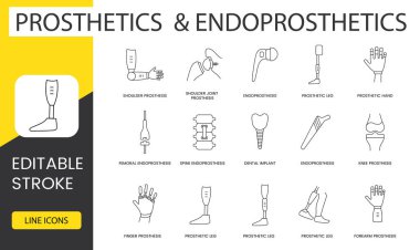 Protez ve protez çizgisi simgeleri vektör, omuz ve bacak ve el eklem protezi, femoral ve omurga, diş ve diz, parmak ve ön kol şeklinde dizilmiştir. Düzenlenebilir vuruş