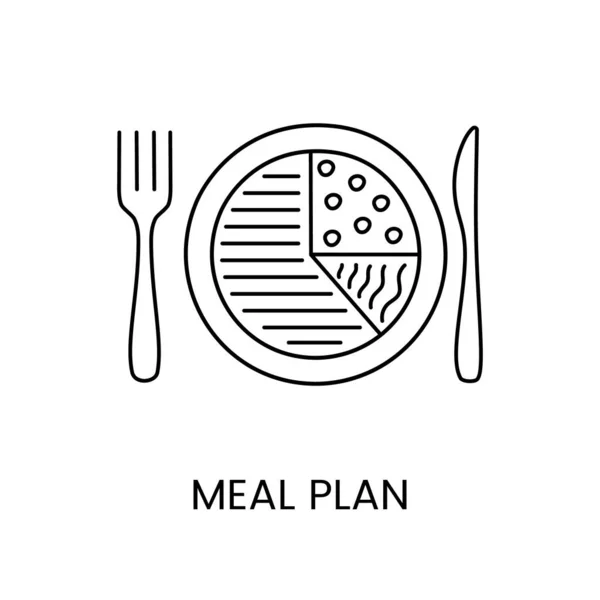 病媒中的膳食图线条图标 适当营养的说明 用食物和餐具 叉子和勺子做的盘子 — 图库矢量图片