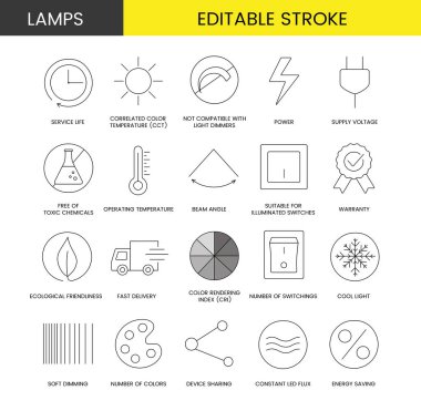 Lamba ambalajı, teknik özellikler illüstrasyonları, korelasyon renk sıcaklığı, cct ve servis ömrü, güç ve ışık azaltıcı ile uyumlu olmayan vektör simgeleri kümesi. Düzenlenebilir vuruş