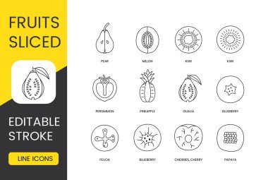 Meyve dilimleri, vektör çizgisi simgesi seti, düzenlenebilir felç. Papaya ve kiraz parçaları, kiraz ve yabanmersini, feijoa ve guava, ananas ve hurma, kivi ve kavun, armut.