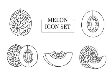 Meyve karpuzu tam ve yarım, dilimler halinde kesilir, vektör içinde çizgi simgeleri kümesi.