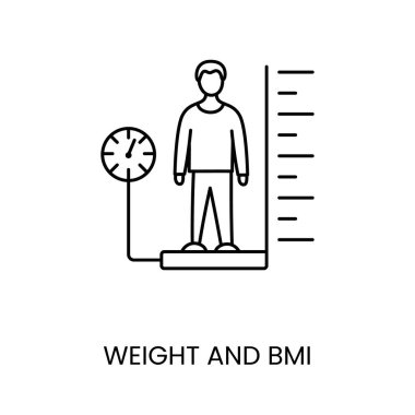 Diyabet hakkında tıbbi belgeler için ağırlık ve BMI çizgi simgesi vektörü.