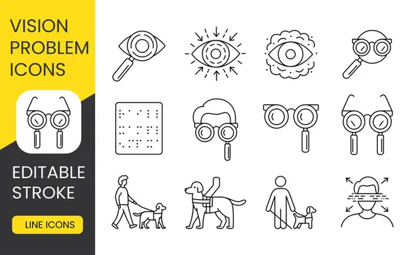 stock vector Explore Vision Insight icons, editable strokes for accessibility. Ideal for projects on eye health and disability awareness, featuring guide dog and braille icons