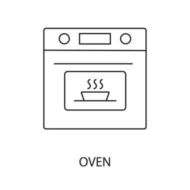 Yiyecek ambalajındaki işaretler için fırın vektör çizgisi simgesinde yiyecek ısıtılıyor.