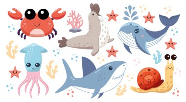 Şirin deniz hayvanları, okyanus sakinleri, yengeç ve fil foku, mavi balina ve mürekkep balığı, köpekbalığı ve salyangoz ile çizimler..