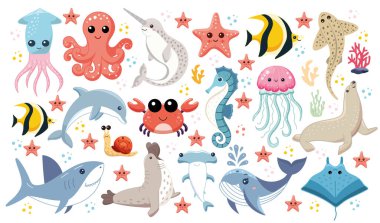 Şirin deniz hayvanları, okyanus sakinleri, ahtapot ve deniz gergedanı, denizyıldızı ve sarı balık, yunus ve yengeç, deniz atı ve denizanası, mavi balina ve mürekkep balığı ile bir dizi çizim..