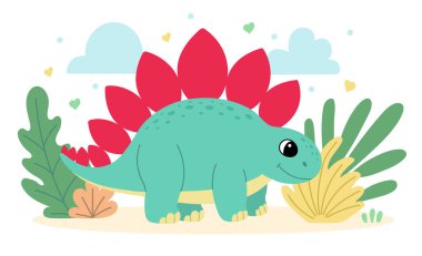 Sevimli dinozor Stegosaurus, neşeli, tarihi bir karakterin düz çizimi.