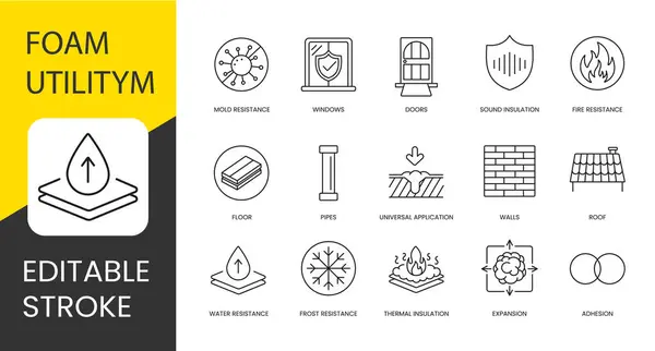 stock vector Polyurethane foam properties and places of application, vector line icon set with editable stroke, Adhesion and Water and Frost resistance, Doors and Sound insulation, Roof and Windows.