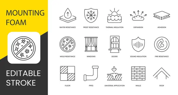 stock vector Polyurethane foam properties and places of application, vector line icon set with editable stroke, Adhesion and Water and Frost resistance, Doors and Sound insulation, Roof and Windows.