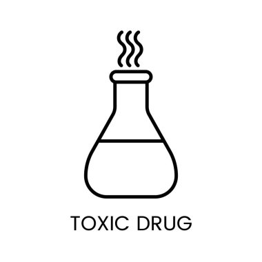 Bir laboratuvar şişesinin vektör doğrusal simgesi. Yukarıdan buhar yükseliyor ve içerisi düzenlenebilir bir felçle sıvı halde..