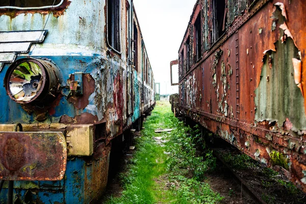老旧生锈的客车电动多单元列车退役 被遗弃在绿草地里的铁路边沿上 — 图库照片