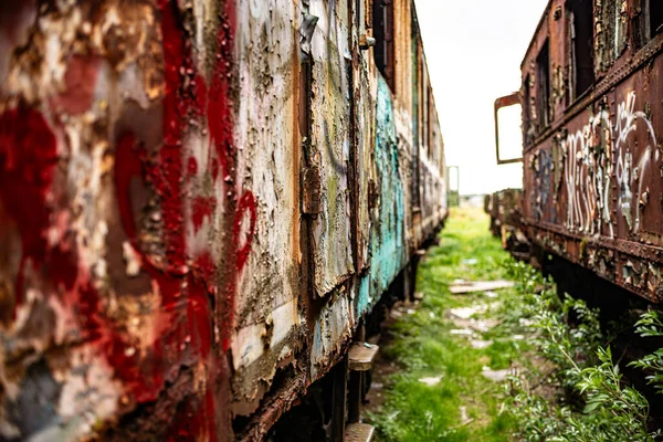 旧的受损火车和货车的透视拍摄 具有非常浅的田野深度的老式背景 图库图片