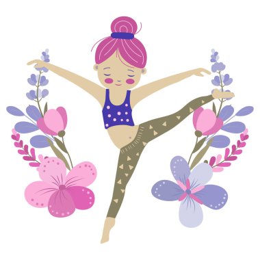 Kız jimnastik yapıyor, beyaz arka planda vektör çizimi yapıyor.