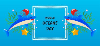 Dünya Okyanus Günü Deniz Yaşamı Farkındalığı İllüstrasyonu.
