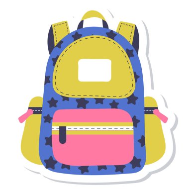 Beyaz arkaplanda sırt çantası vektör karikatür etiketi.