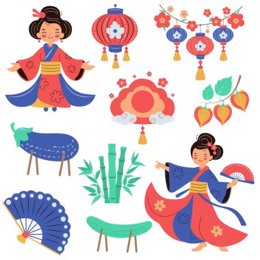 Obon Japon festivali beyaz arka planda vektör karikatür çizimleri.
