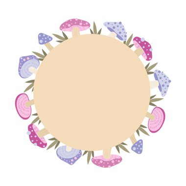 Üzerinde pembe sihirli mantarlar olan çerçeve beyaz arka planda fantezi çizimi.