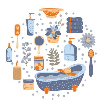 Beyaz arka planda spa kozmetik ve banyo aksesuarları.