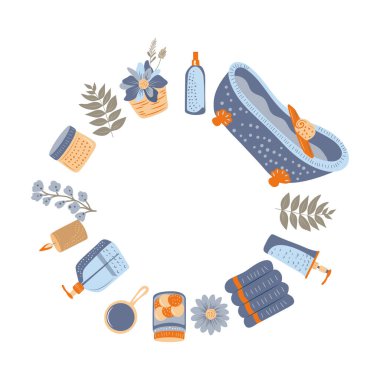 Beyaz arka planda spa kozmetik ve banyo aksesuarları.