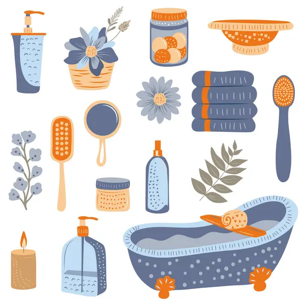 Beyaz arka planda spa kozmetik seti ve banyo aksesuarları.