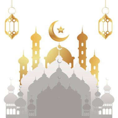 Hilal ay yıldızları ve cami illüstrasyonuyla lanlat al Qadr gecesi.