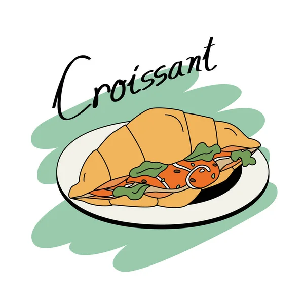 Brunch Menu Doodle Styles Croissant Sandwich Salmon Vegetables — Image vectorielle