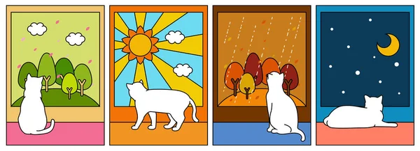 โปสเตอร ตามฤด กาลของแมวขาวมองออกไปนอกหน างพร อมว กาลเป นฤด ใบไม อนฤด ใบไม — ภาพเวกเตอร์สต็อก