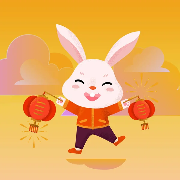 Cute Rabbits Wearing Chinese Costume Chinese New Year Traditional Happy — Image vectorielle