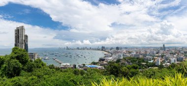 Pattaya City Chonburi 'nin panorama plaj manzaralı deniz manzarası, Pattaya panoramik Tayland manzarasının görüş açısı